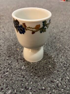 Delicate White Porcelain Egg Cup with Blue & Gold Floral Border